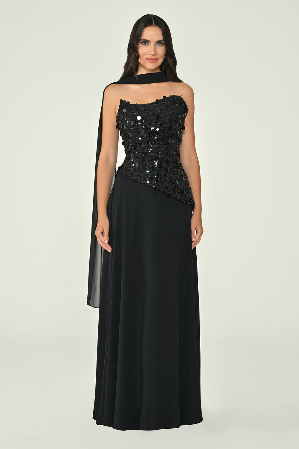 Strapless Sequin Embellished Asymmetrical Chiffon Long Dress with Shawl