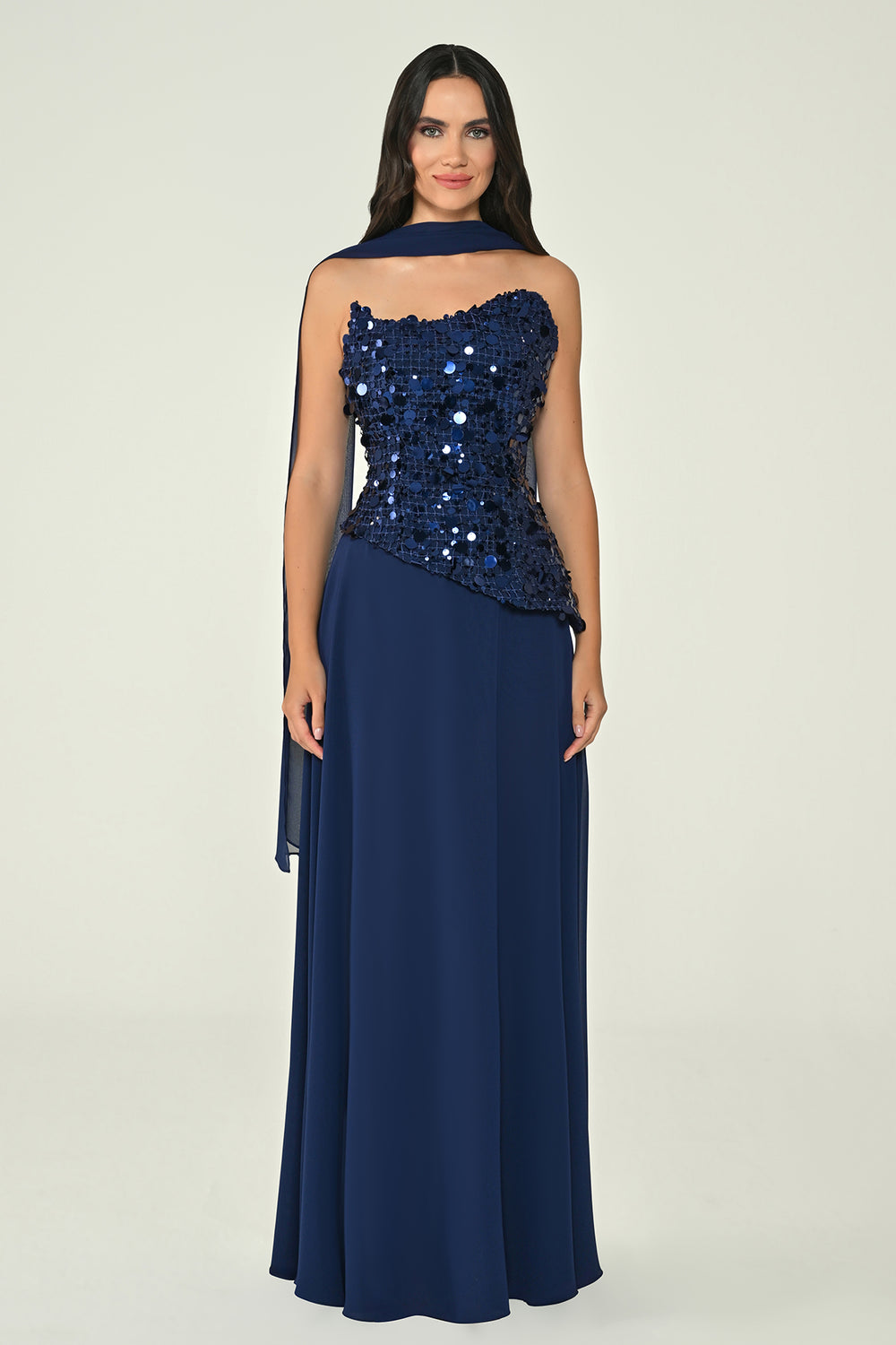 Strapless Sequin Embellished Asymmetrical Chiffon Long Dress with Shawl