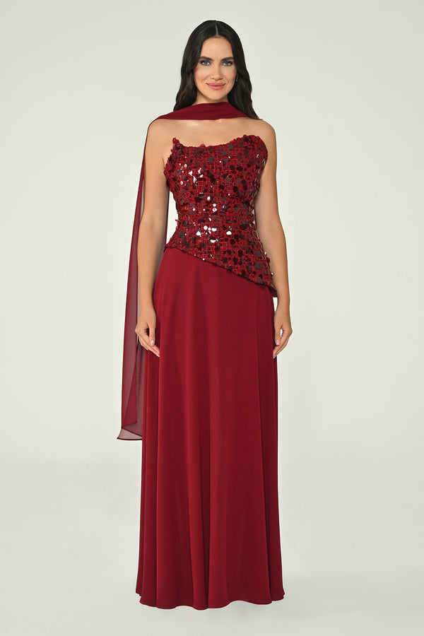 Strapless Sequin Embellished Asymmetrical Chiffon Long Dress with Shawl
