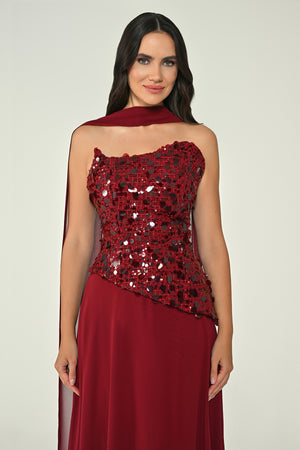Strapless Sequin Embellished Asymmetrical Chiffon Long Dress with Shawl