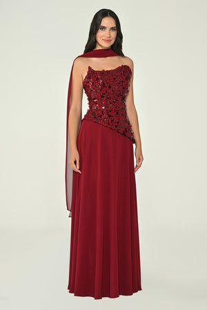 Strapless Sequin Embellished Asymmetrical Chiffon Long Dress with Shawl