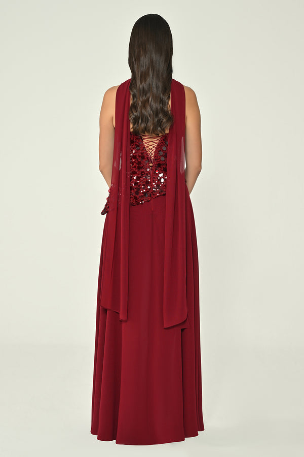 Strapless Sequin Embellished Asymmetrical Chiffon Long Dress with Shawl
