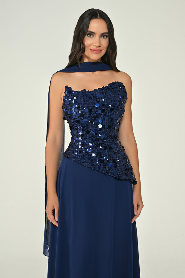Strapless Sequin Embellished Asymmetrical Chiffon Long Dress with Shawl