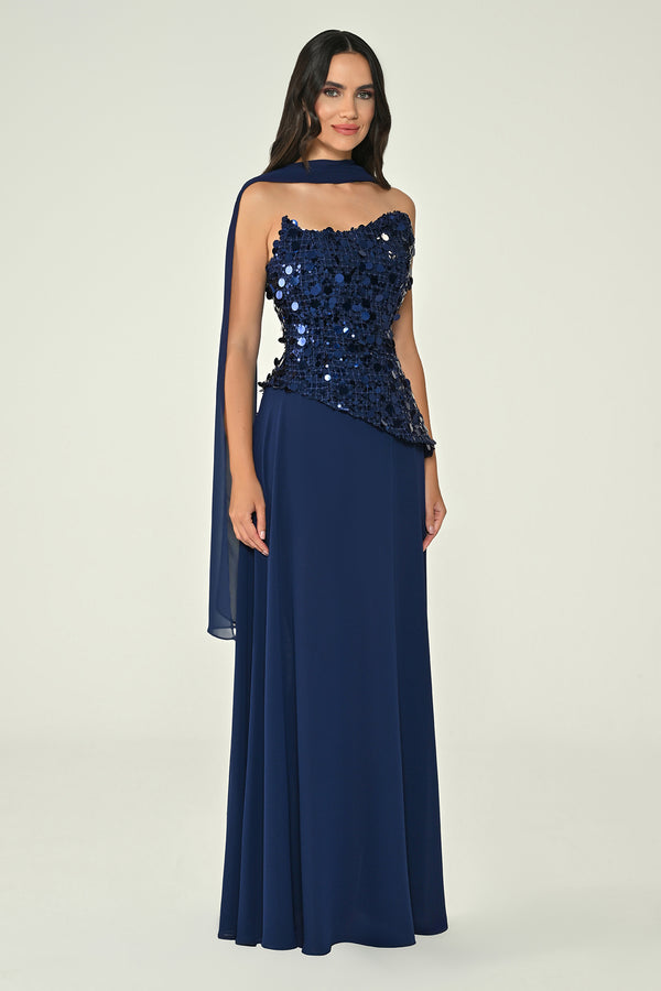 Strapless Sequin Embellished Asymmetrical Chiffon Long Dress with Shawl