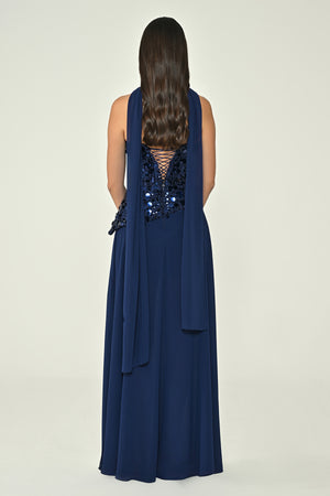 Strapless Sequin Embellished Asymmetrical Chiffon Long Dress with Shawl