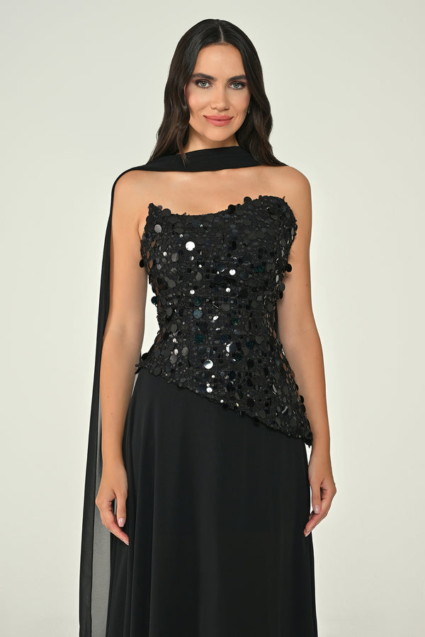 Strapless Sequin Embellished Asymmetrical Chiffon Long Dress with Shawl