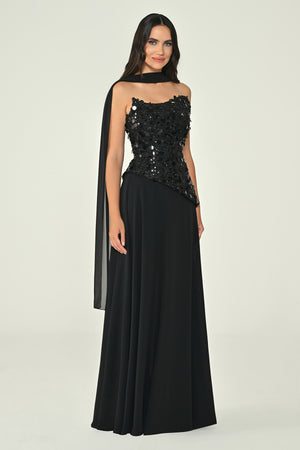 Strapless Sequin Embellished Asymmetrical Chiffon Long Dress with Shawl