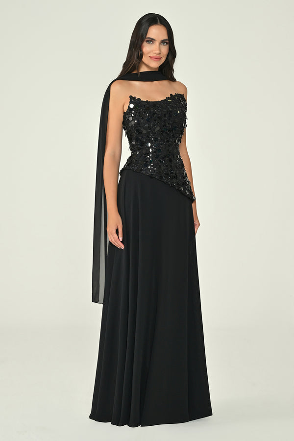 Strapless Sequin Embellished Asymmetrical Chiffon Long Dress with Shawl