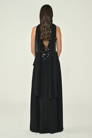 Strapless Sequin Embellished Asymmetrical Chiffon Long Dress with Shawl