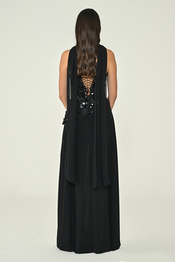 Strapless Sequin Embellished Asymmetrical Chiffon Long Dress with Shawl