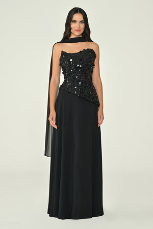 Strapless Sequin Embellished Asymmetrical Chiffon Long Dress with Shawl