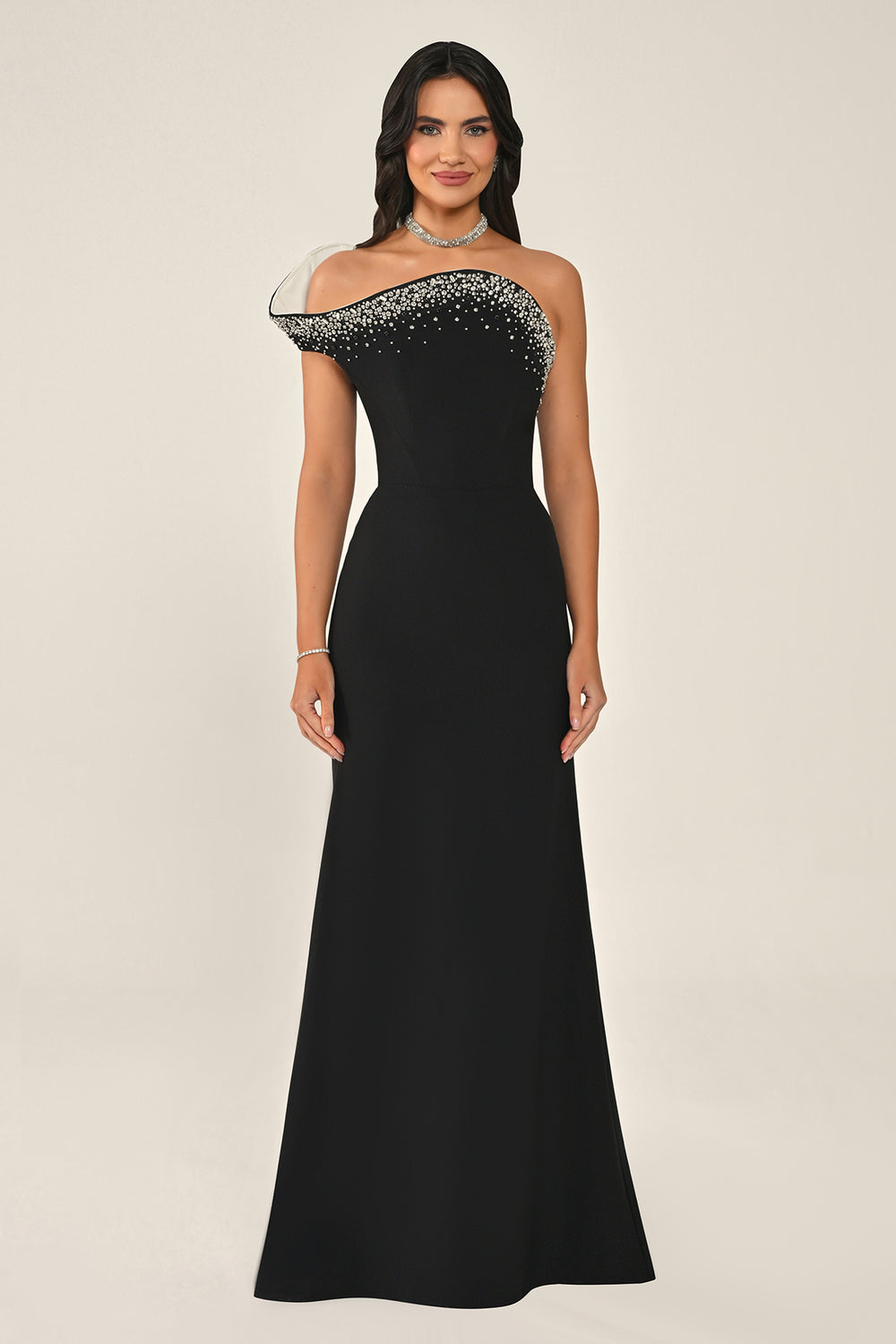 Asymmetrical Cut Crepe Long Dress with Stones