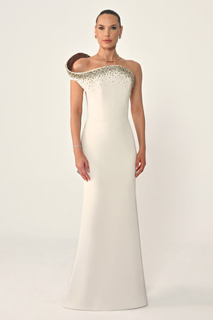 Asymmetrical Cut Crepe Long Dress with Stones
