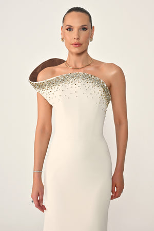 Asymmetrical Cut Crepe Long Dress with Stones