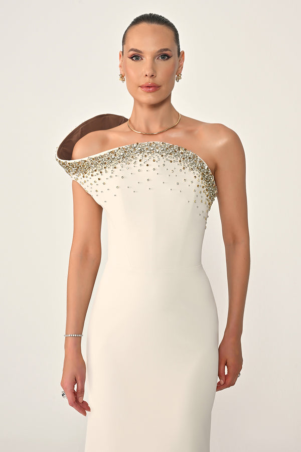 Asymmetrical Cut Crepe Long Dress with Stones