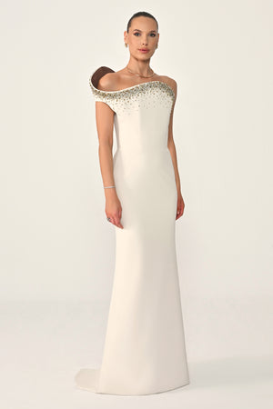 Asymmetrical Cut Crepe Long Dress with Stones