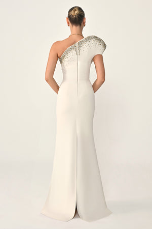 Asymmetrical Cut Crepe Long Dress with Stones