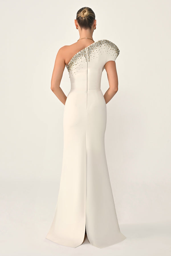 Asymmetrical Cut Crepe Long Dress with Stones