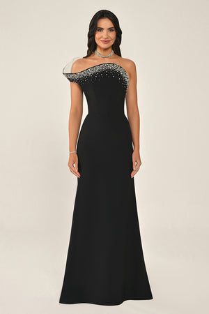Asymmetrical Cut Crepe Long Dress with Stones
