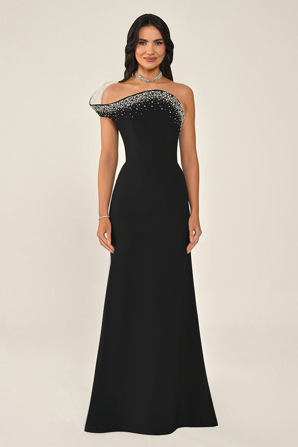 Asymmetrical Cut Crepe Long Dress with Stones