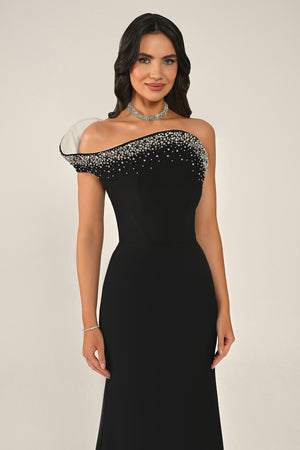 Asymmetrical Cut Crepe Long Dress with Stones