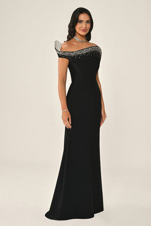 Asymmetrical Cut Crepe Long Dress with Stones