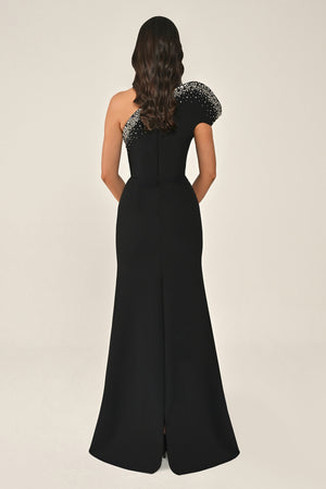 Asymmetrical Cut Crepe Long Dress with Stones