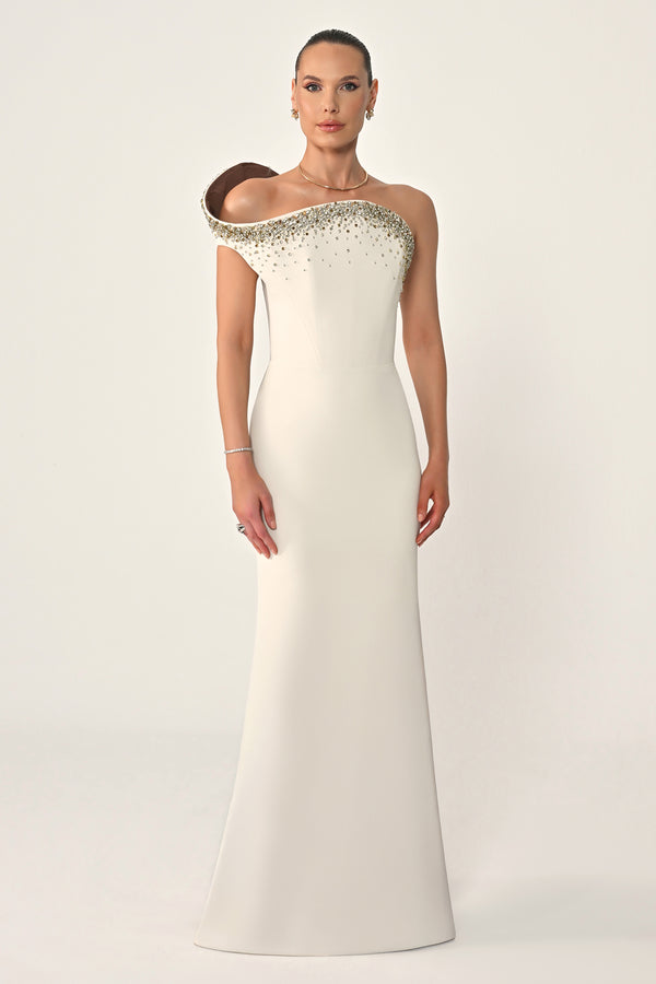 Asymmetrical Cut Crepe Long Dress with Stones