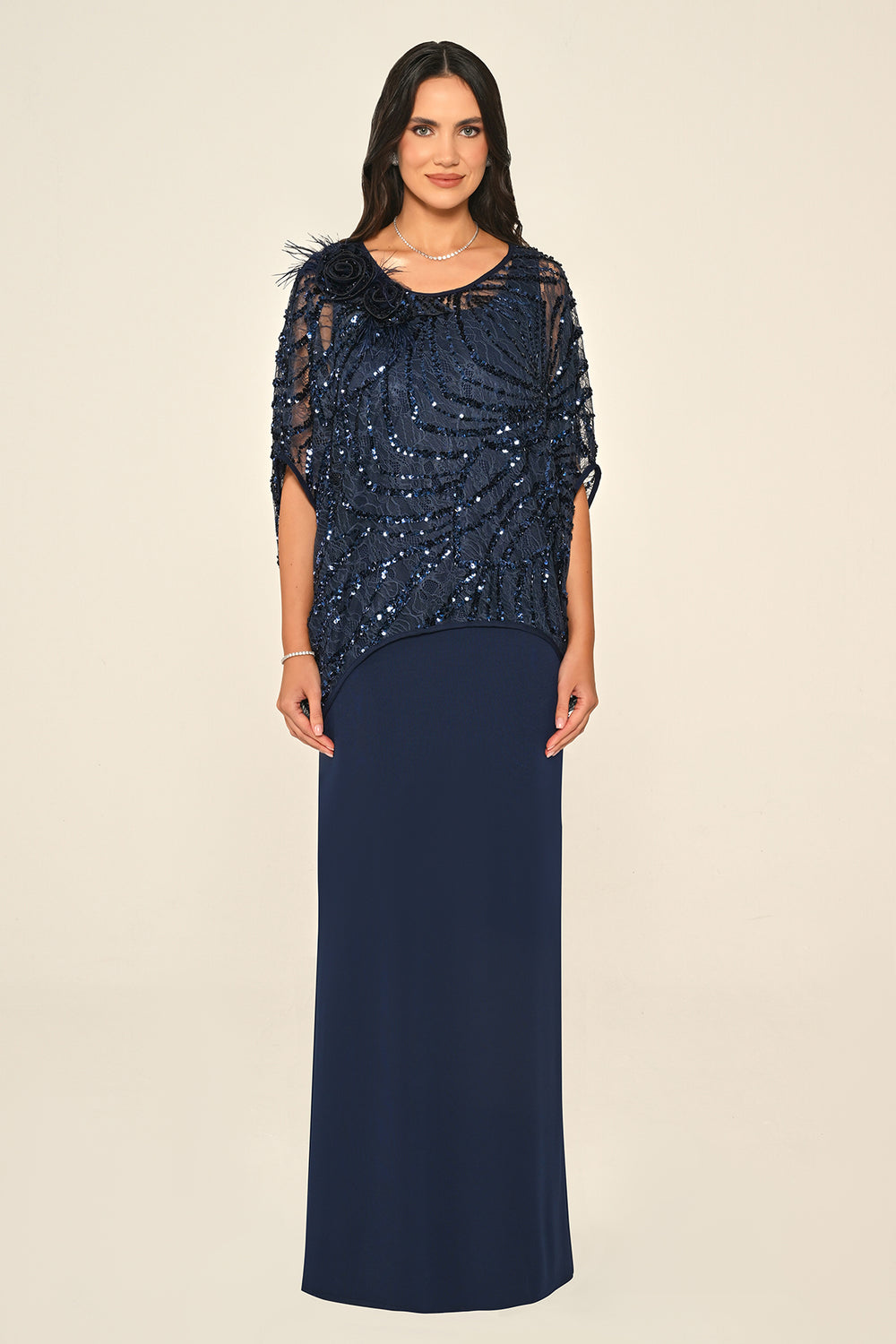 Long Dress with Upper Sequin Shoulder Flower Accessory