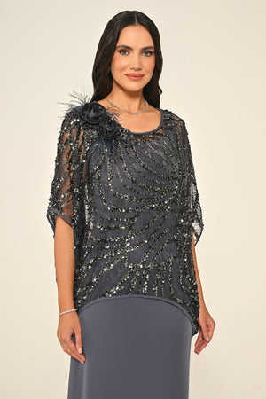 Long Dress with Upper Sequin Shoulder Flower Accessory