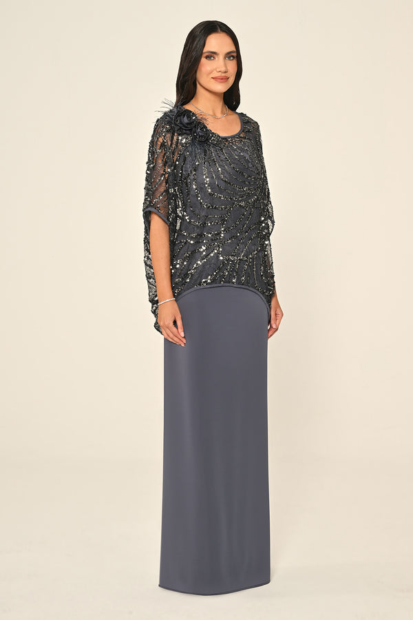 Long Dress with Upper Sequin Shoulder Flower Accessory