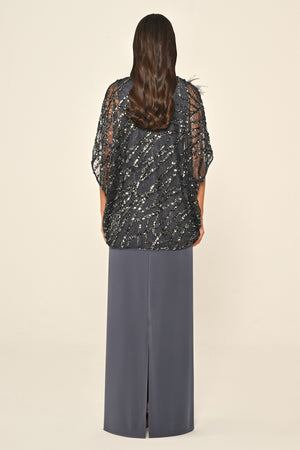 Long Dress with Upper Sequin Shoulder Flower Accessory