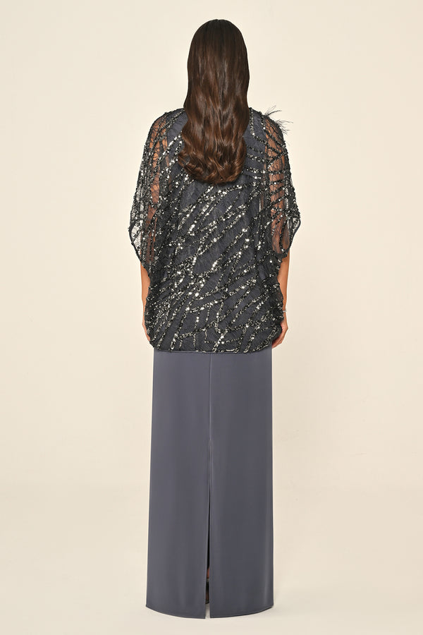 Long Dress with Upper Sequin Shoulder Flower Accessory