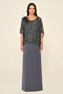 Long Dress with Upper Sequin Shoulder Flower Accessory