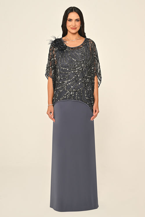 Long Dress with Upper Sequin Shoulder Flower Accessory