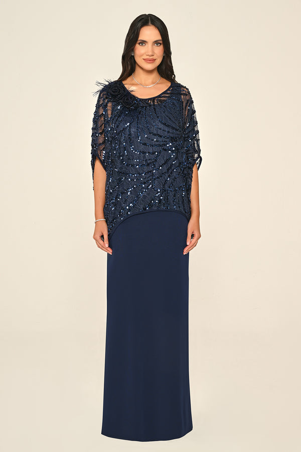 Long Dress with Upper Sequin Shoulder Flower Accessory