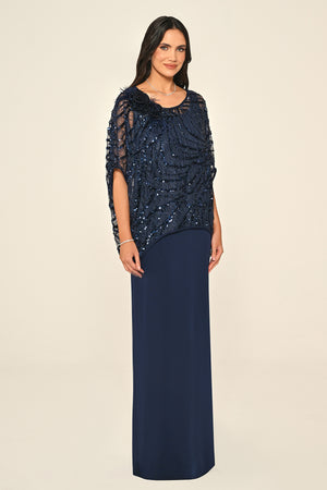 Long Dress with Upper Sequin Shoulder Flower Accessory