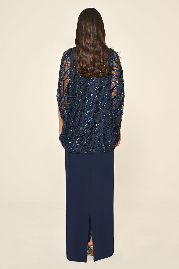 Long Dress with Upper Sequin Shoulder Flower Accessory