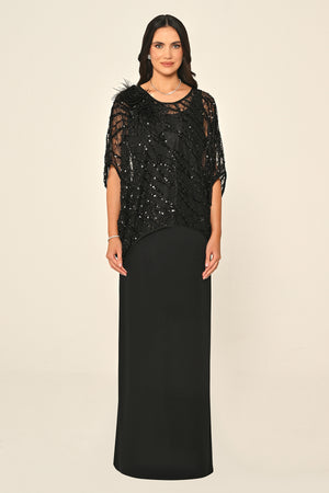 Long Dress with Upper Sequin Shoulder Flower Accessory