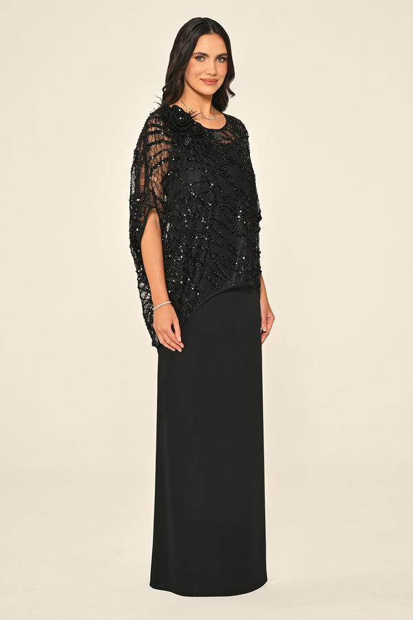 Long Dress with Upper Sequin Shoulder Flower Accessory