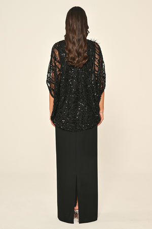 Long Dress with Upper Sequin Shoulder Flower Accessory