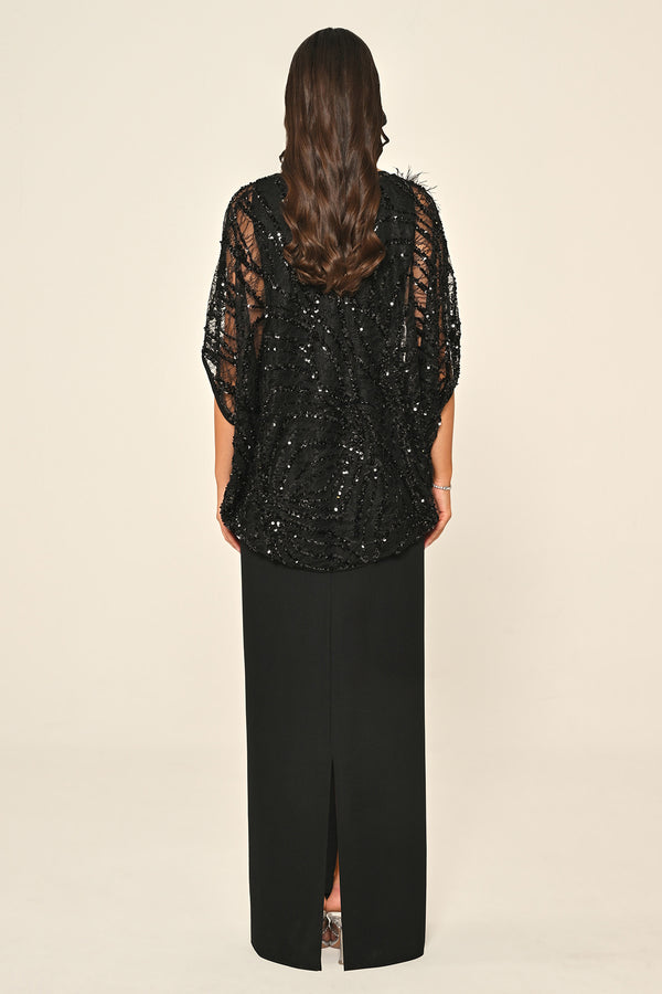 Long Dress with Upper Sequin Shoulder Flower Accessory