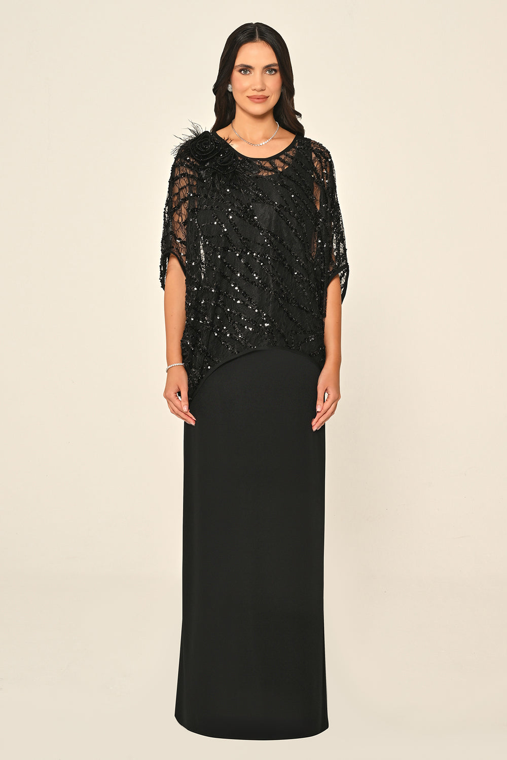 Long Dress with Upper Sequin Shoulder Flower Accessory