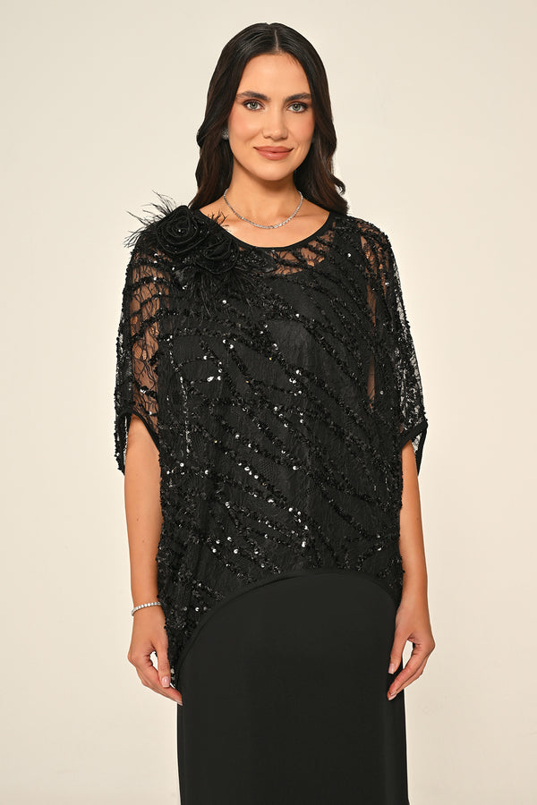 Long Dress with Upper Sequin Shoulder Flower Accessory