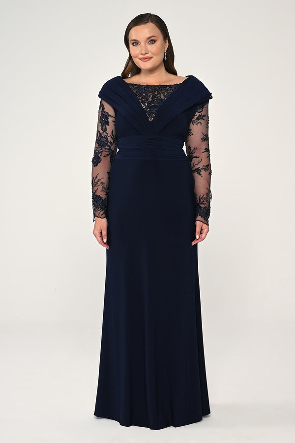 Long Beaded Tulle Sleeve Crepe Long Dress