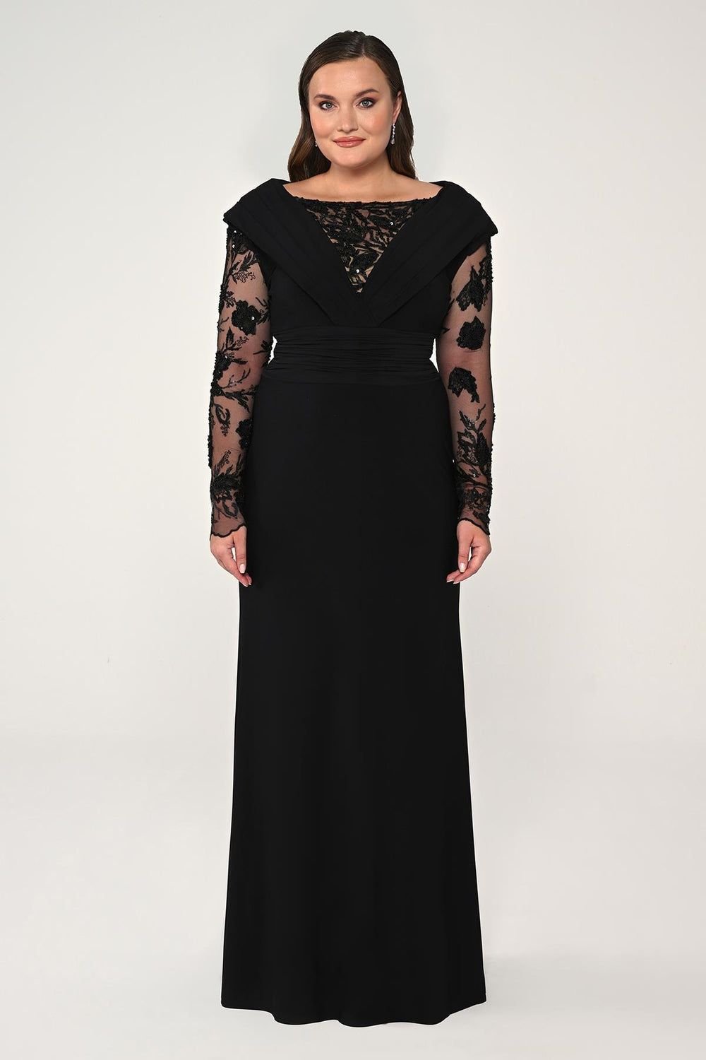 Long Beaded Tulle Sleeve Crepe Long Dress