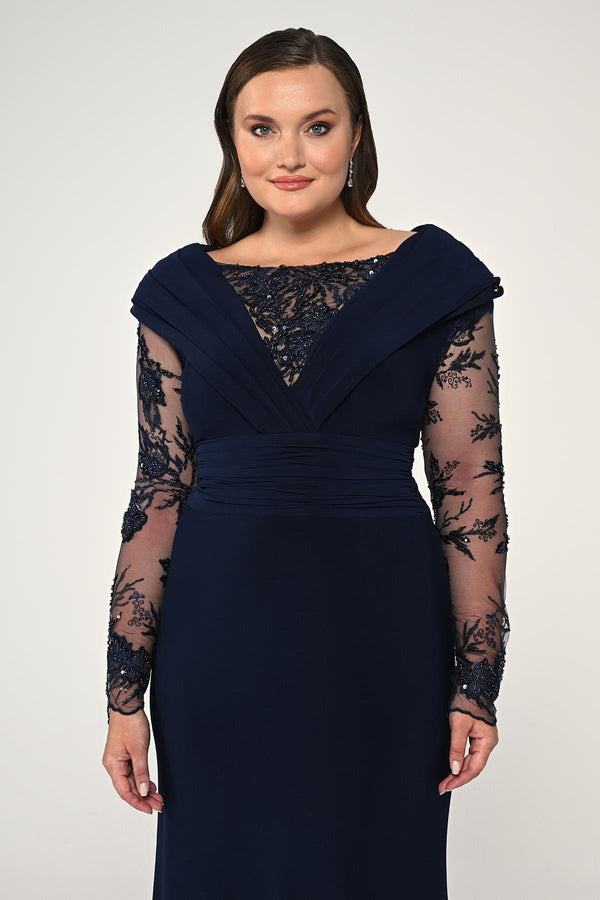 Long Beaded Tulle Sleeve Crepe Long Dress