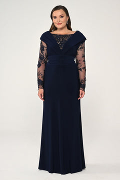 Long Beaded Tulle Sleeve Crepe Long Dress