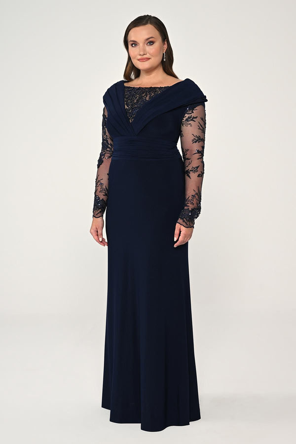 Long Beaded Tulle Sleeve Crepe Long Dress