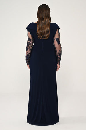 Long Beaded Tulle Sleeve Crepe Long Dress
